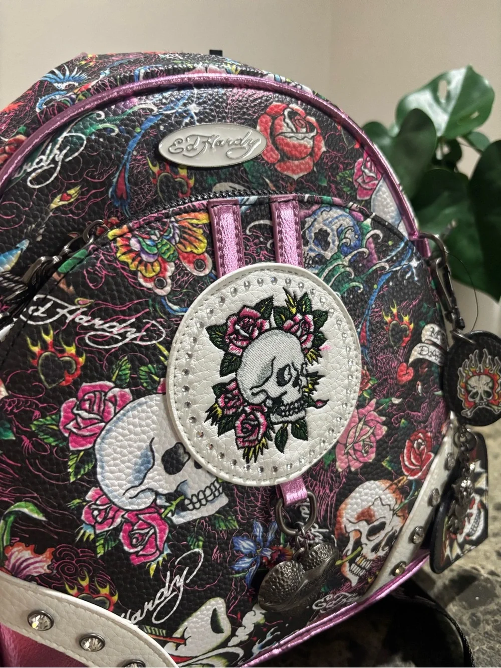 Ed Hardy Black Floral Skull Mini Backpack with Pink Accents